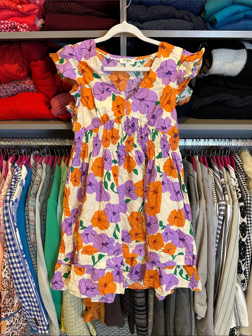 Umgee white/orange/purple floral sleeveless v neck babydoll dress size S